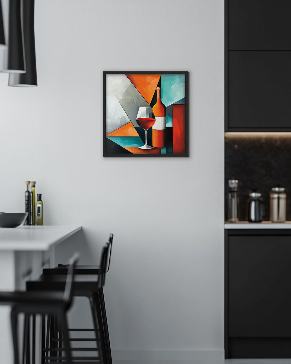 Wall art abstract painting of a wine bottle and glass with geometric shapes