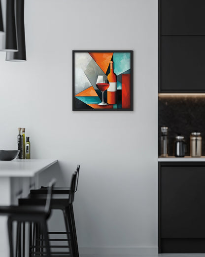 Wall art abstract painting of a wine bottle and glass with geometric shapes