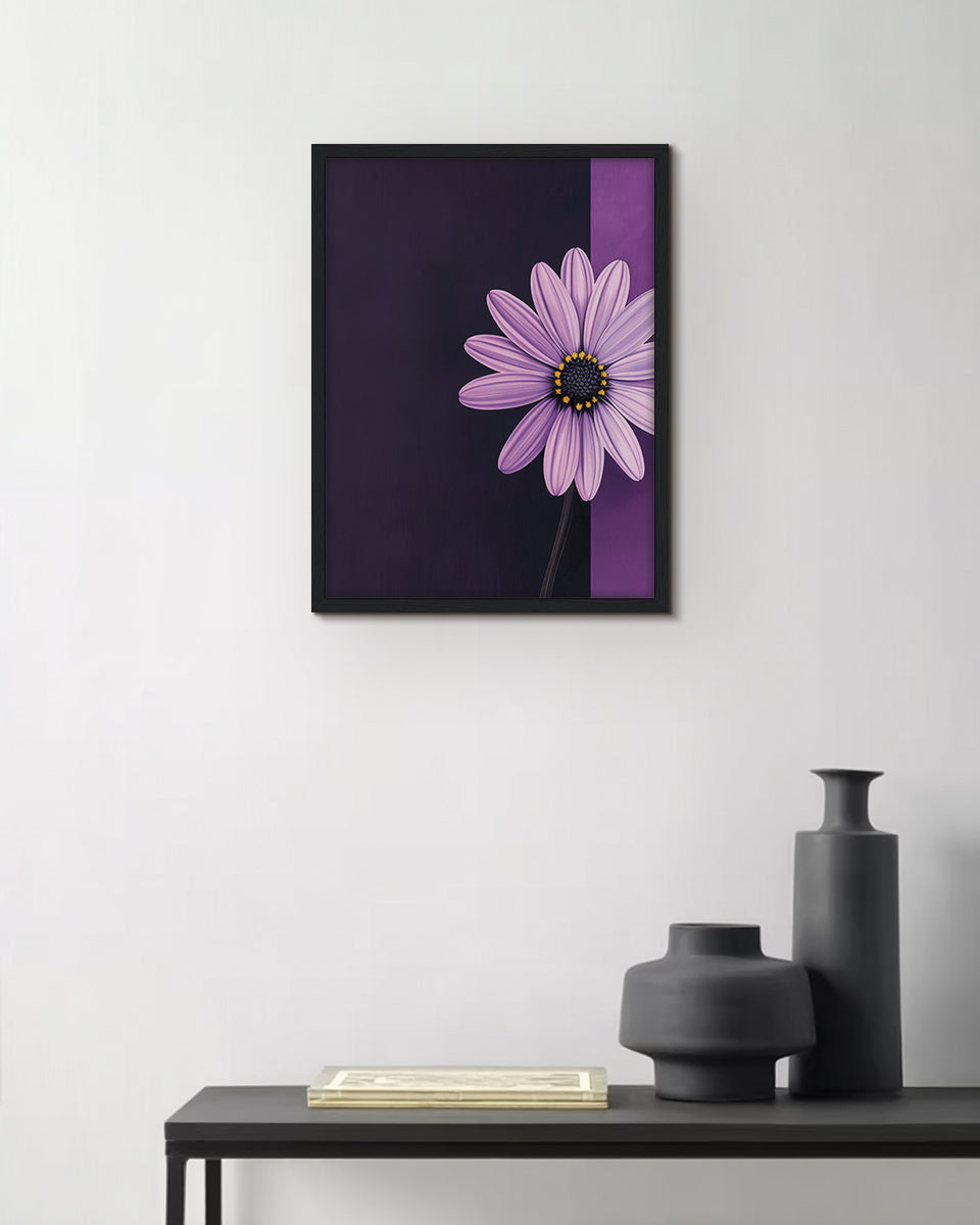 Wall art featuring a purple daisy on a two-tone purple background