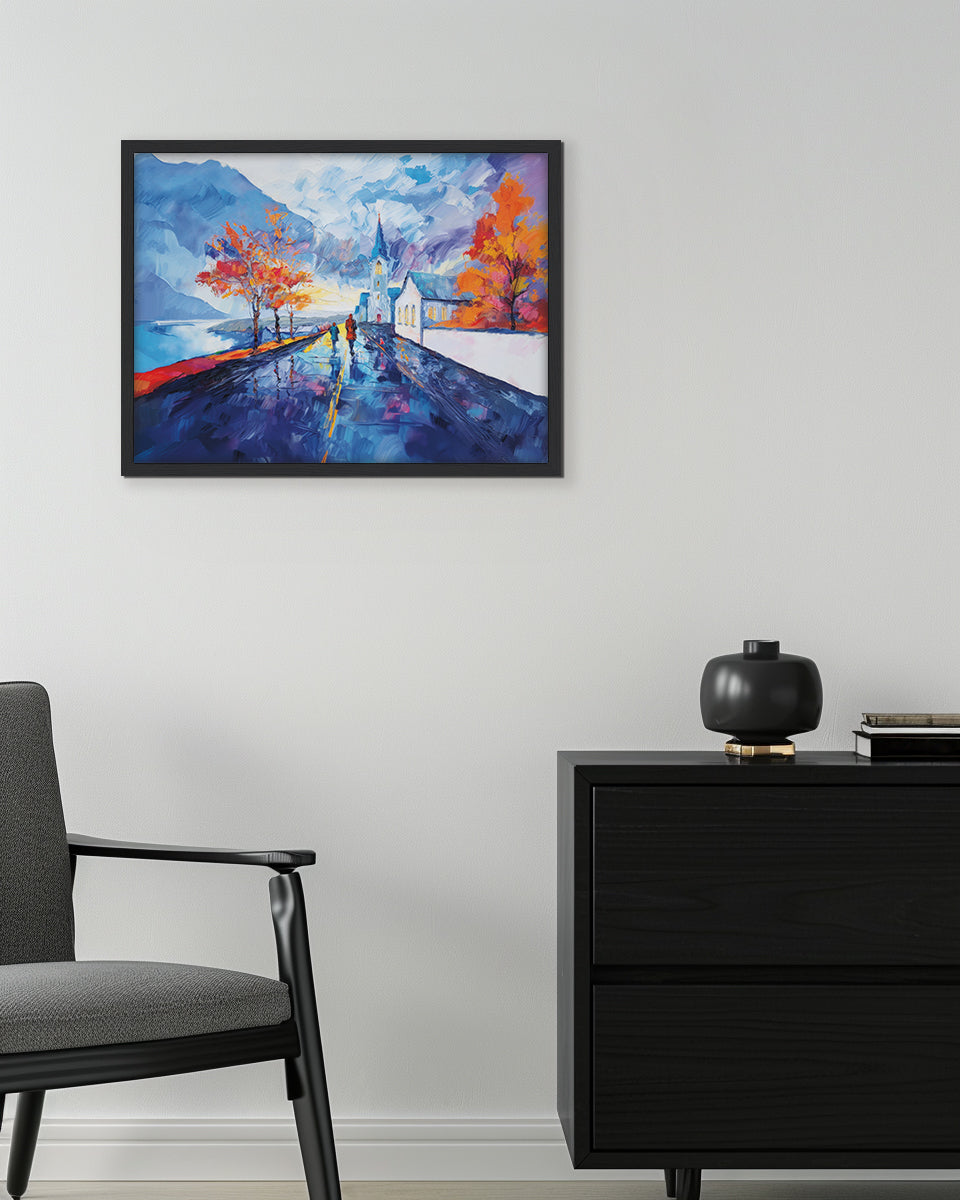 Colorful painting of an Icelandic street scene with trees and buildings