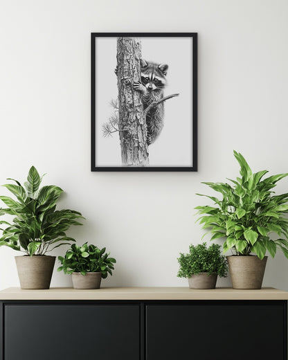 Wall art pencil drawing of a cute raccoon peeking from behind a tree trunk
