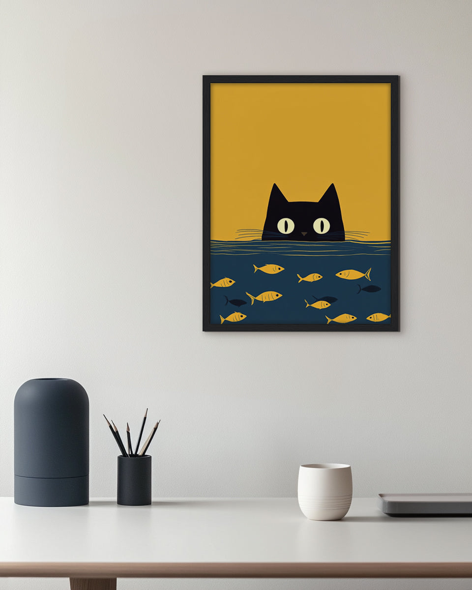 Wall art illustration of a black cat peering over water with fish below on a yellow background