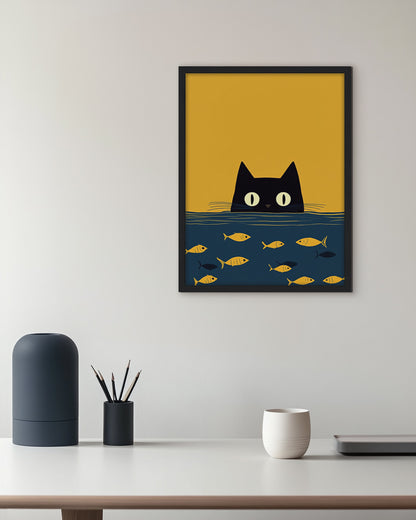 Wall art illustration of a black cat peering over water with fish below on a yellow background