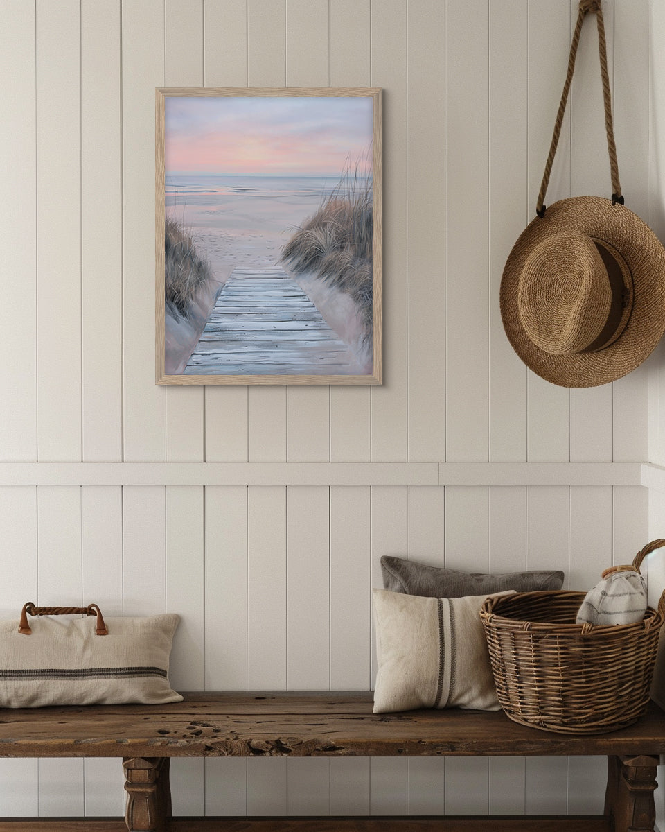 Wall art painting of a wooden boardwalk leading to a beach with pampas grasses on either side at sunset