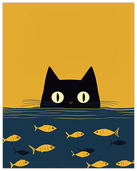 Wall art illustration of a black cat peering over water with fish below on a yellow background