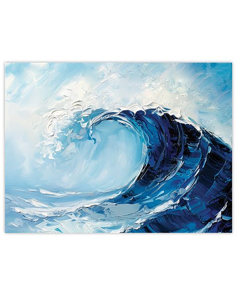 Painting of a blue sea wave with white foam on a light blue background
