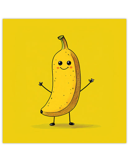 Wall art of a cartoon banana character on a yellow background
