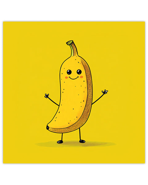 Wall art of a cartoon banana character on a yellow background