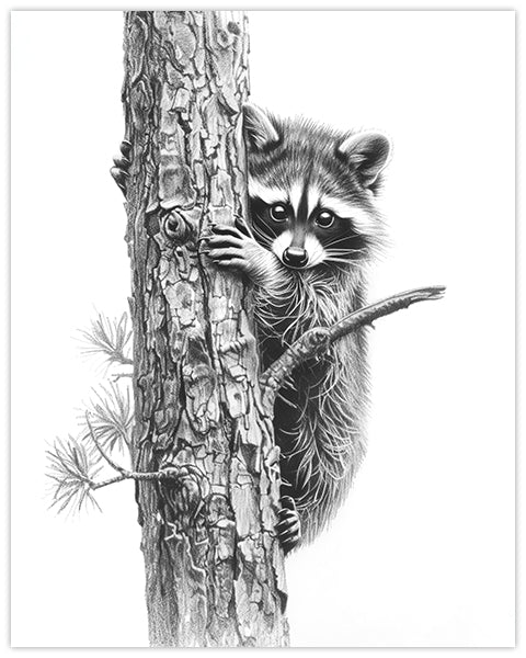 Wall art pencil drawing of a cute raccoon peeking from behind a tree trunk