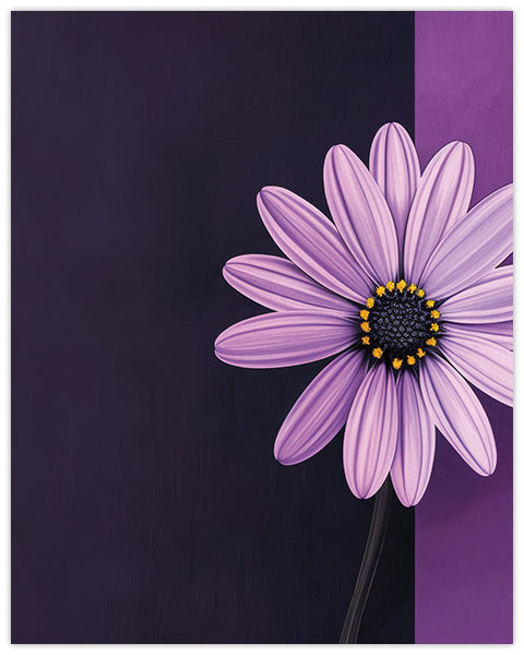 Wall art featuring a purple daisy on a two-tone purple background