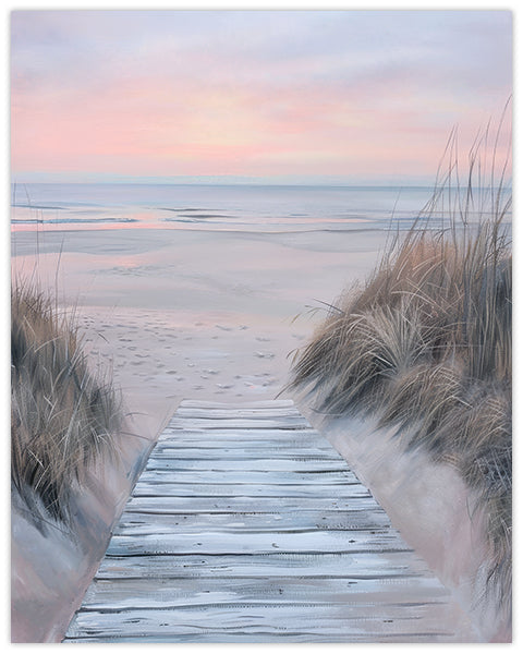 Wall art painting of a wooden boardwalk leading to a beach with pampas grasses on either side at sunset