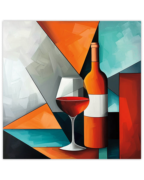 Wall art abstract painting of a wine bottle and glass with geometric shapes