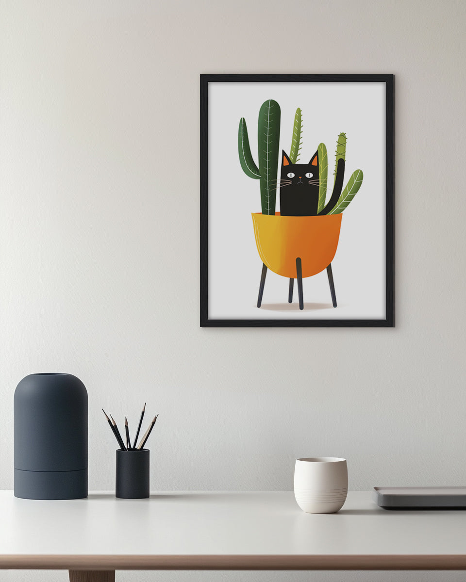 Wall art illustration of a black cat trying to disguise itself among a cactus in an orange pot with legs