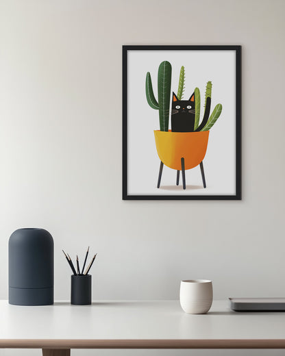 Wall art illustration of a black cat trying to disguise itself among a cactus in an orange pot with legs