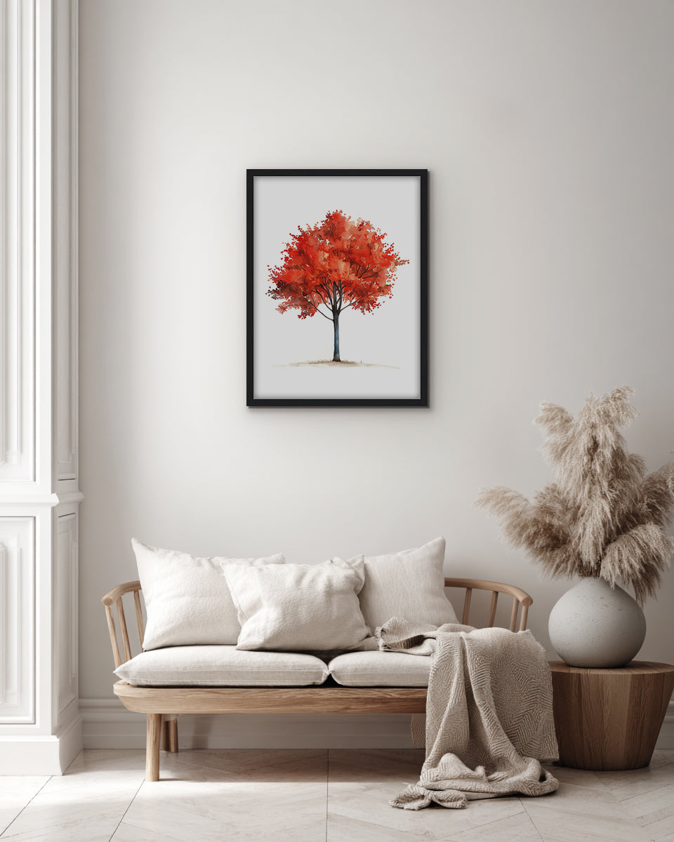 Wall art of a tree in autumn with red leaves on a white background