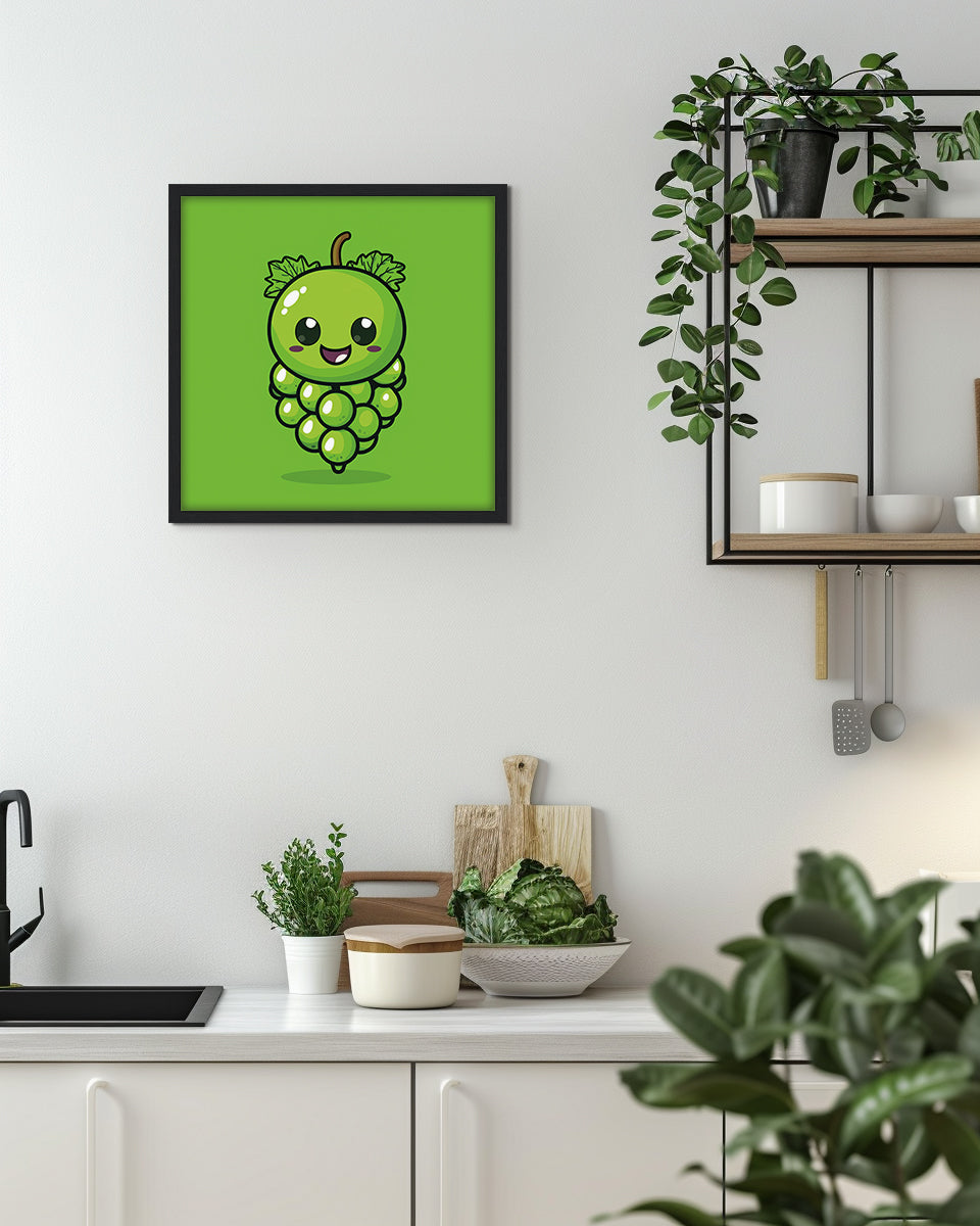 Wall art featuring a cartoon green grape character on a green background