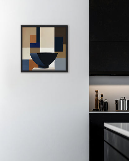 Abstract wall art piece with geometric shapes and a black ramen bowl