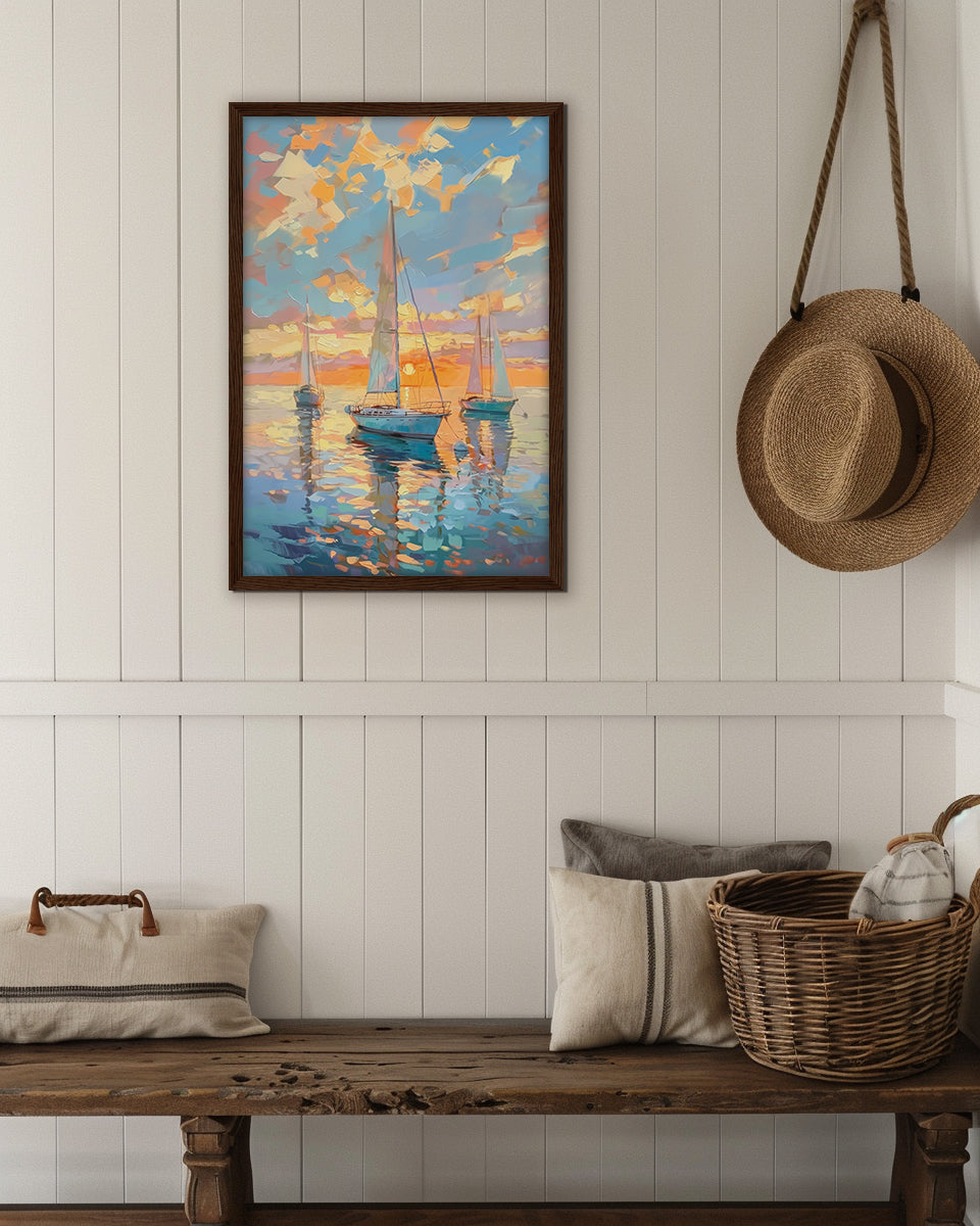 Impressionist painting of sailboats in the sea against a colorful afternoon sky