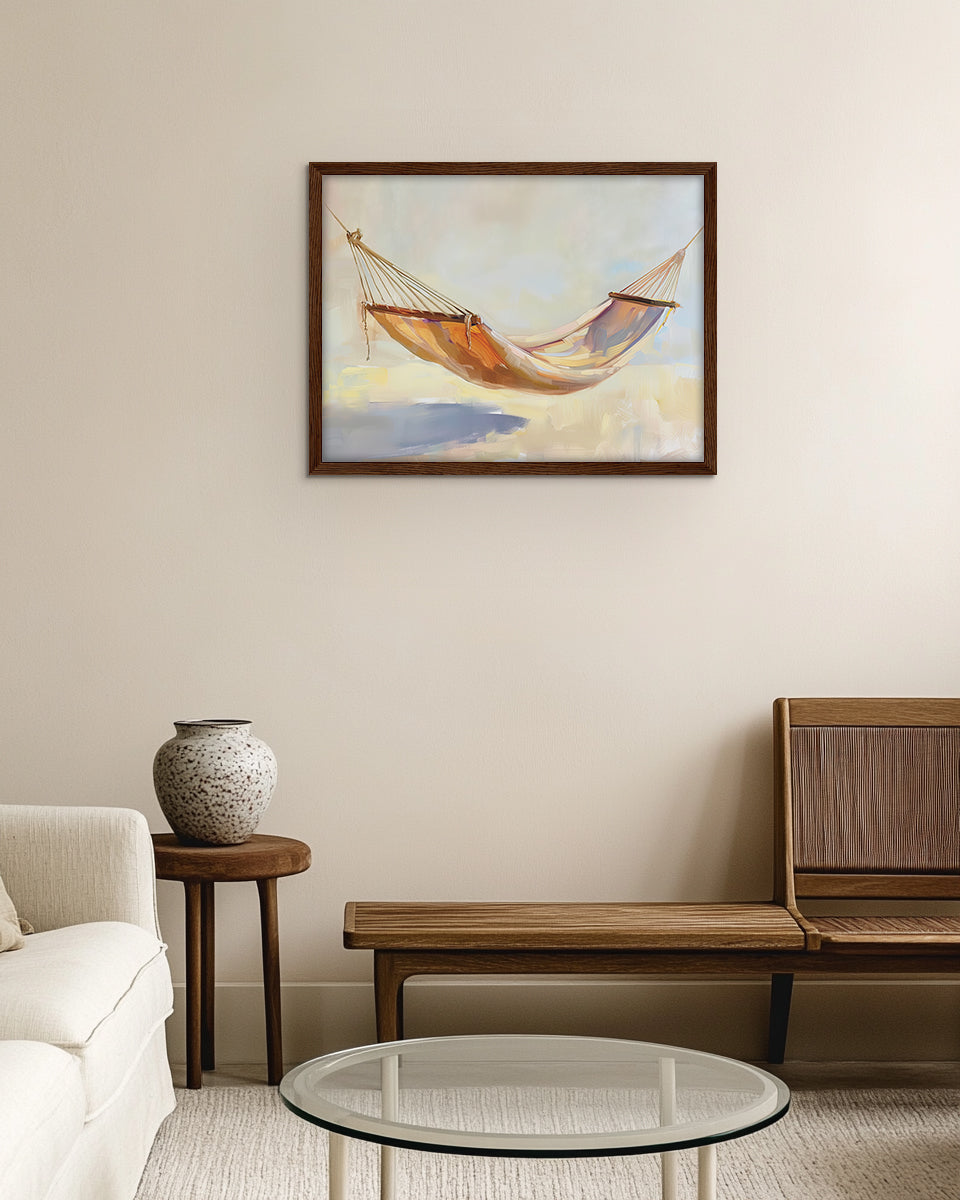 Wall art painting of a hammock in a serene landscape at sunset
