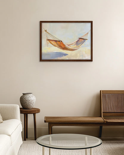 Wall art painting of a hammock in a serene landscape at sunset