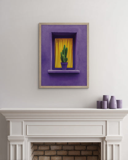 Wall art of a green Cactus in a pot in front of a yellow curtain on the ledge of a purple window frame on a purple wall
