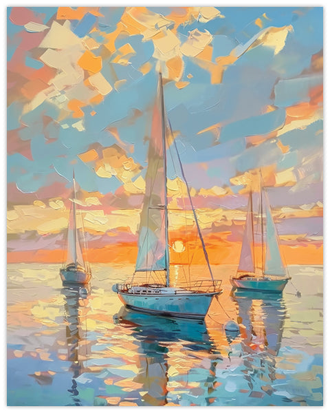 Impressionist painting of sailboats in the sea against a colorful afternoon sky