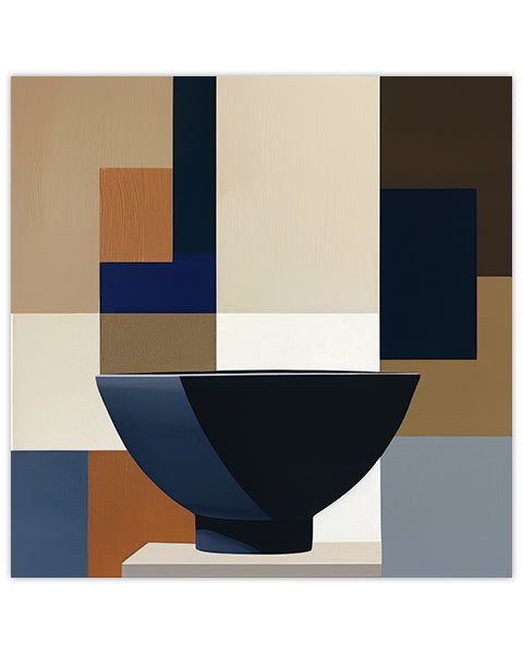 Abstract wall art piece with geometric shapes and a black ramen bowl