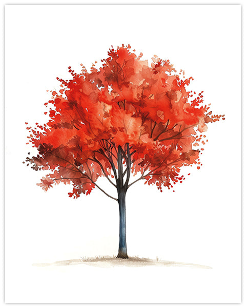 Wall art of a tree in autumn with red leaves on a white background
