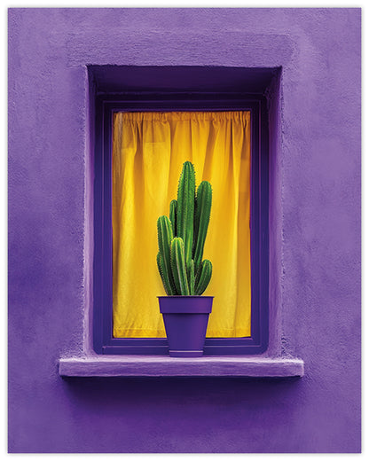 Wall art of a green Cactus in a pot in front of a yellow curtain on the ledge of a purple window frame on a purple wall