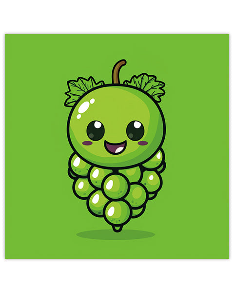 Wall art featuring a cartoon green grape character on a green background