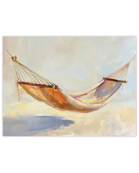 Wall art painting of a hammock in a serene landscape at sunset