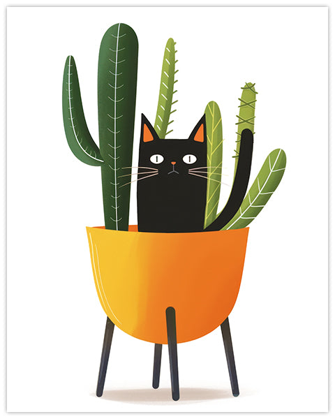Wall art illustration of a black cat trying to disguise itself among a cactus in an orange pot with legs