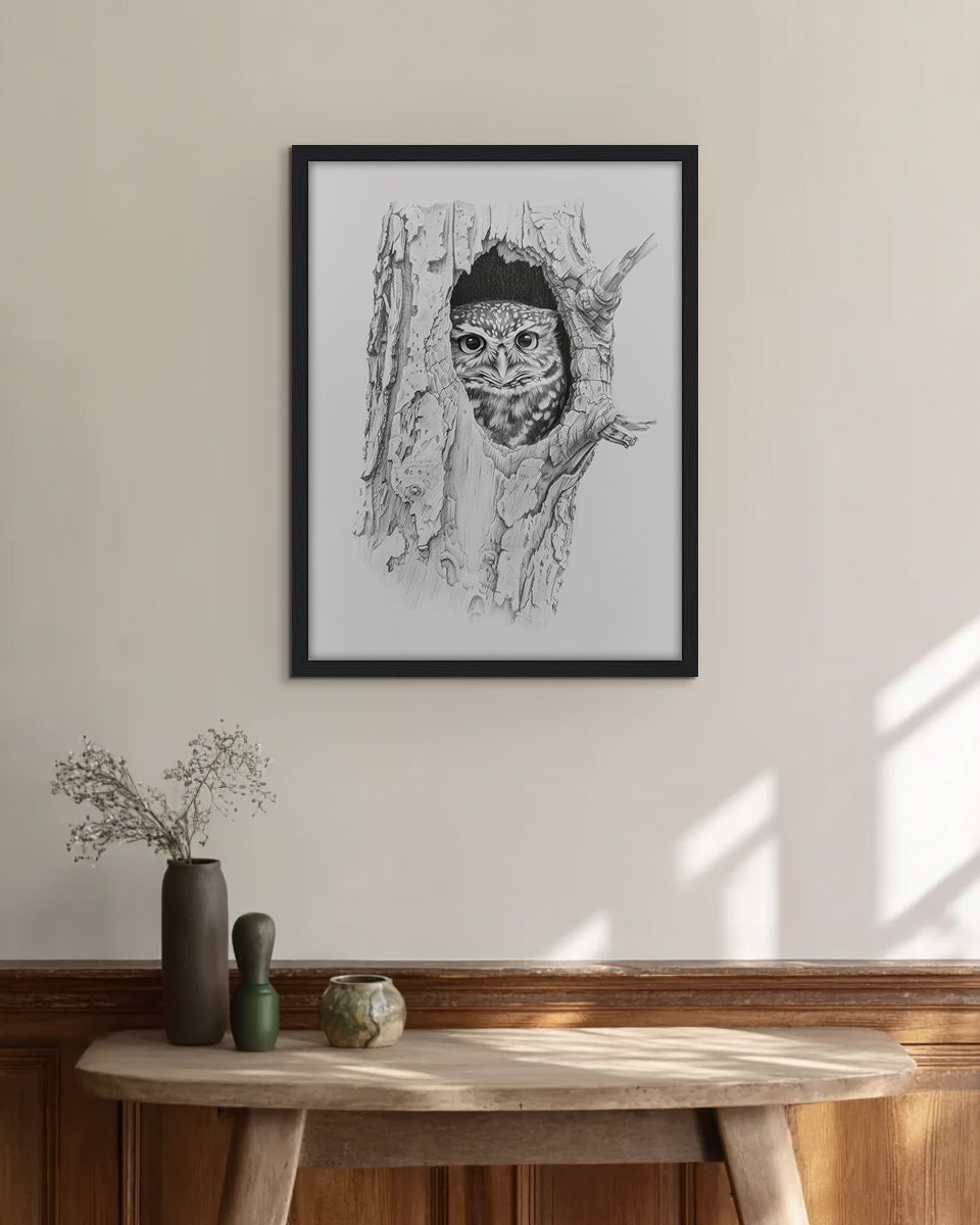 Wall art featuring a pencil illustration of a cute owl peeking from a tree hollow