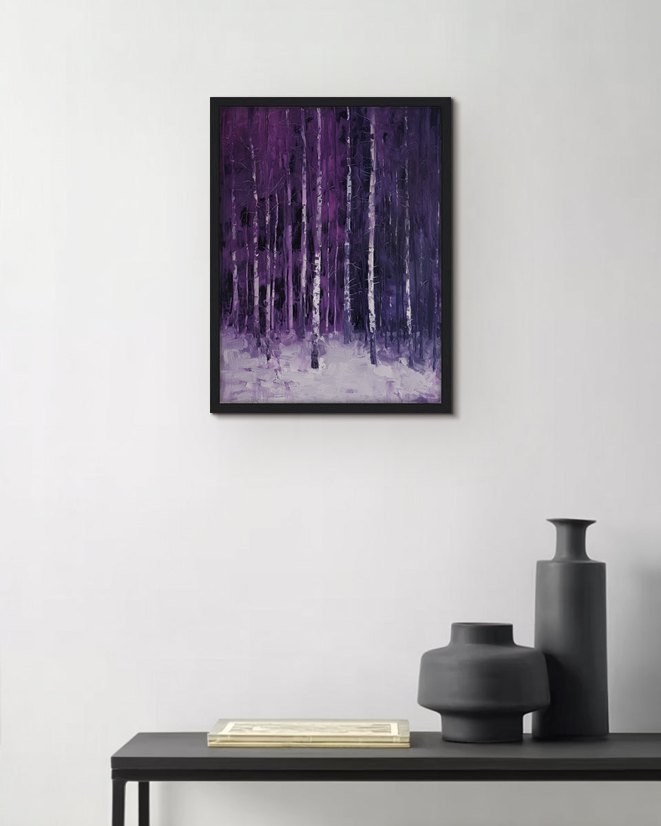 Wall art featuring a snowy lilac forest in different shades of purple
