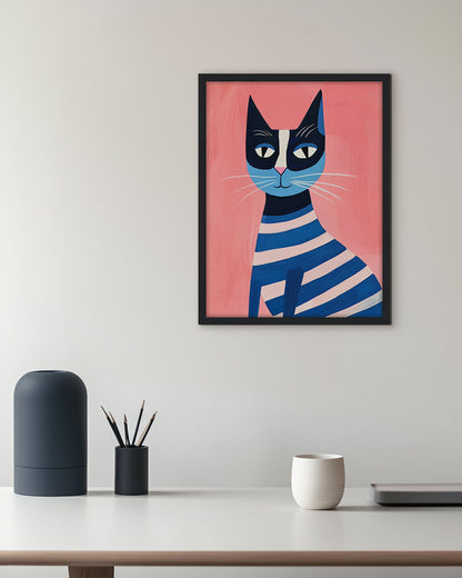 Wall art illustration of a blue and black striped cat on a pink background
