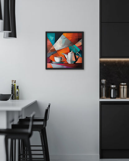 Abstract wall art piece of a tea cup and teapot on a colorful geometric background