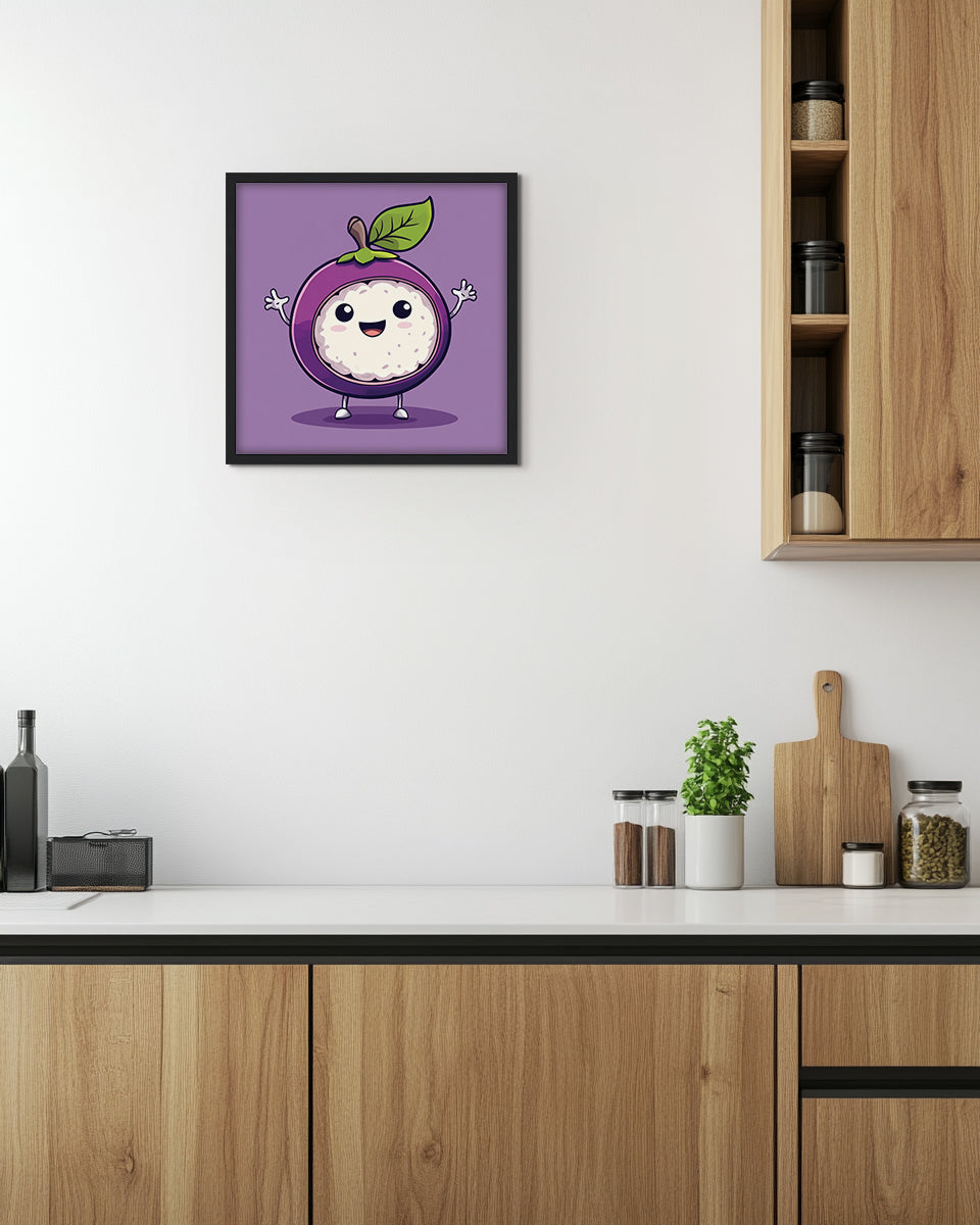 Wall art featuring cartoon mangosteen character with a happy expression on a purple background