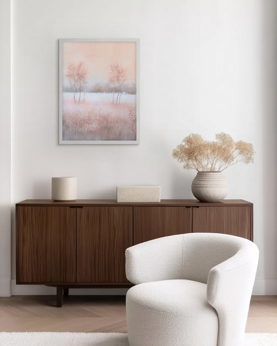 Wall art painting of a mauve meadow with trees and grasses with a soft, pastel color palette