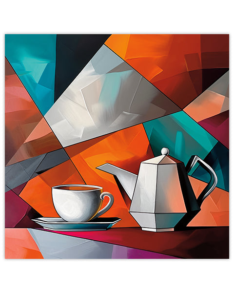 Abstract wall art piece of a tea cup and teapot on a colorful geometric background