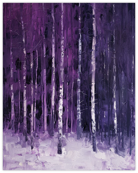 Wall art featuring a snowy lilac forest in different shades of purple