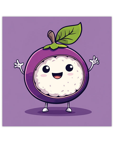 Wall art featuring cartoon mangosteen character with a happy expression on a purple background