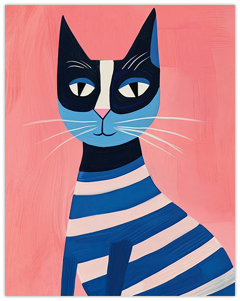 Wall art illustration of a blue and black striped cat on a pink background