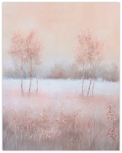 Wall art painting of a mauve meadow with trees and grasses with a soft, pastel color palette