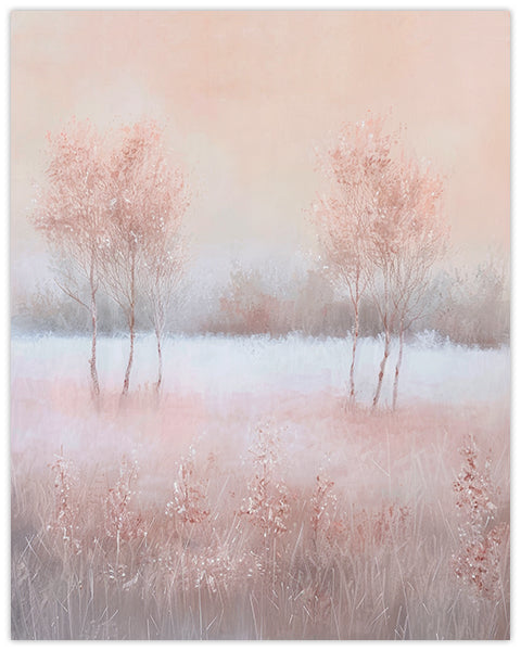Wall art painting of a mauve meadow with trees and grasses with a soft, pastel color palette