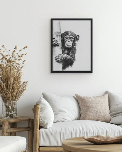 Wall art featuring a pencil drawing of a chimpanzee holding onto a tree trunk