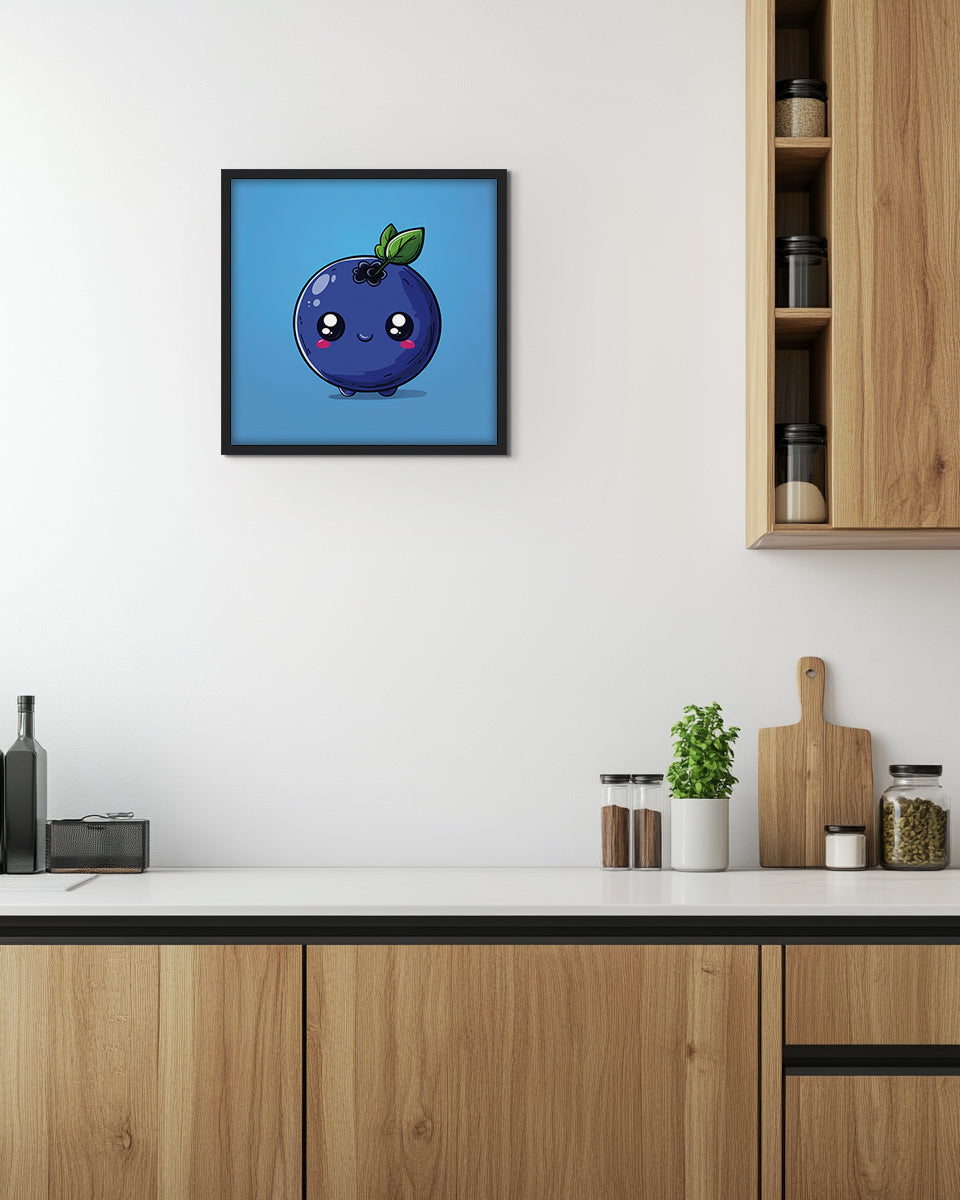 Wall art featuring a cute cartoon blueberry with a smiling face on a blue background
