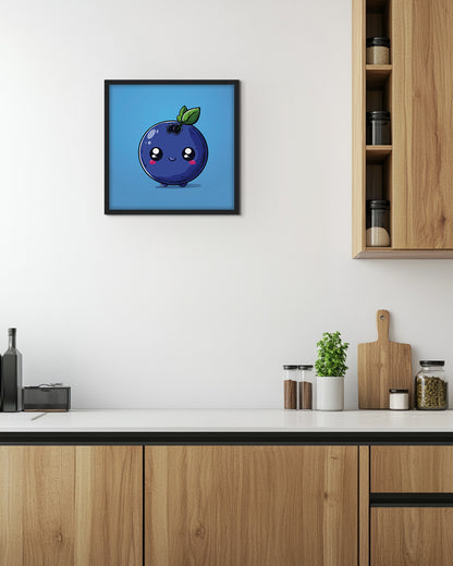 Wall art featuring a cute cartoon blueberry with a smiling face on a blue background