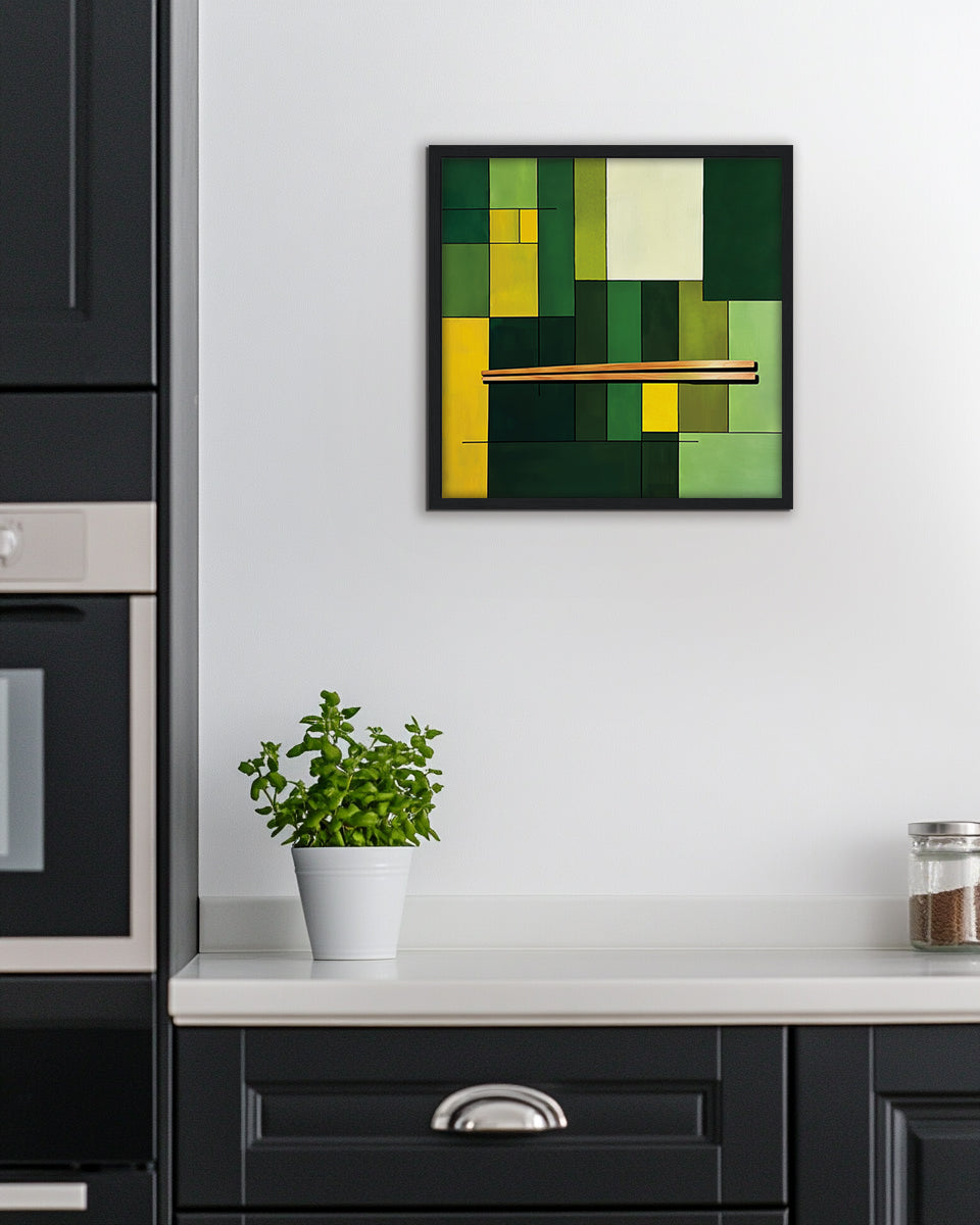 Abstract wall art piece featuring two chopsticks on a background with geometric shapes in green, yellow, and brown