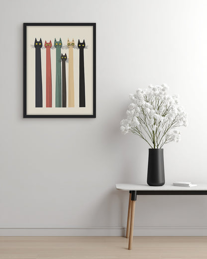 Wall art illustration of six cats in different colors on a beige background