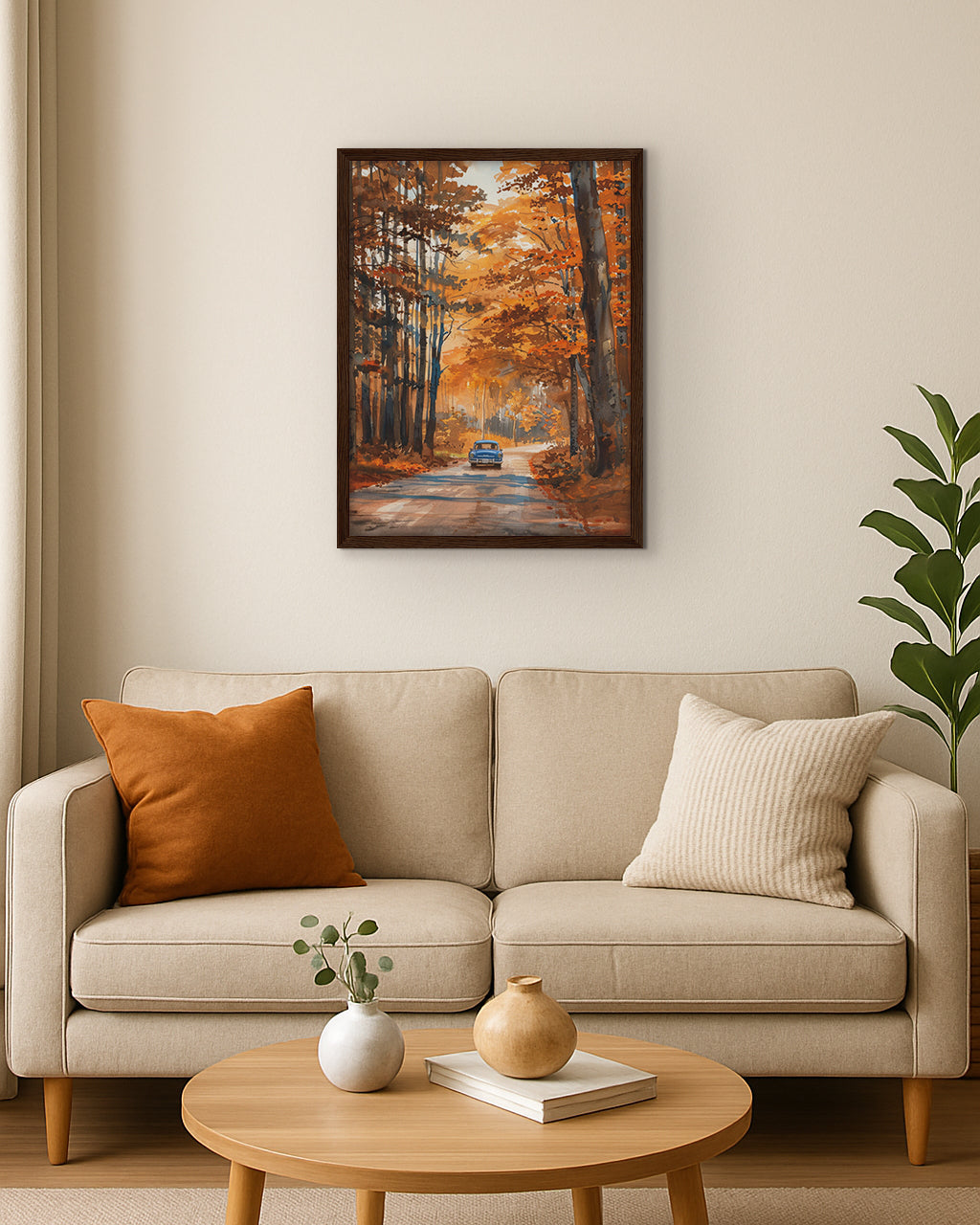 Wall art painting of a blue car driving through an autumn forest on a road flanked by trees with autumn foliage.